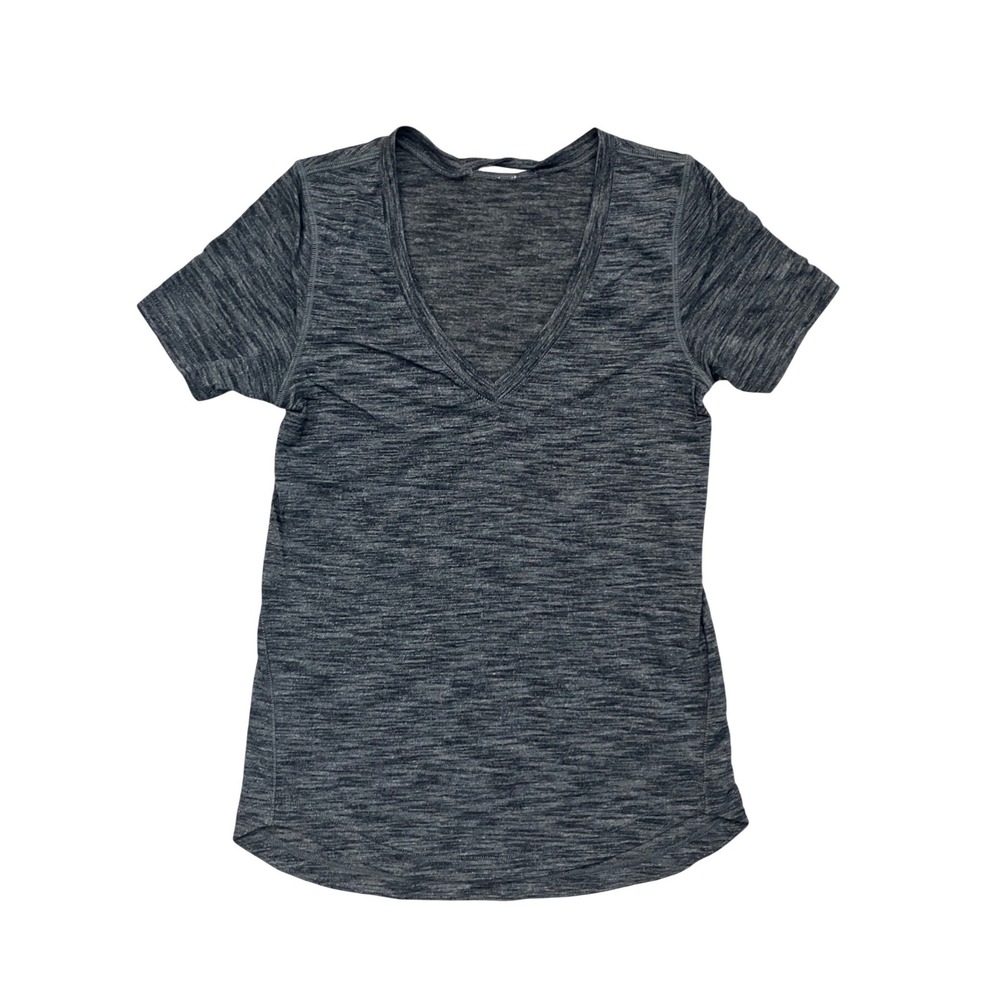 Lululemon Womens V-Neck Short Sleeve Space Dye Heathered Grey Athletic Top Sz 4
